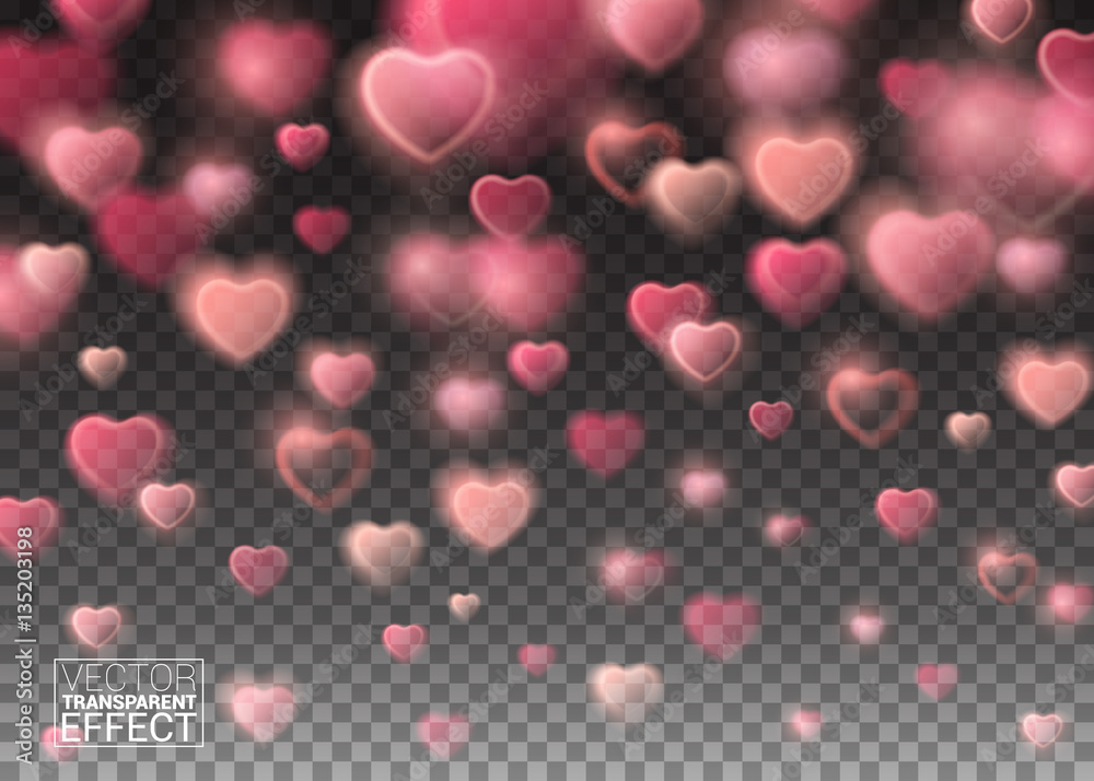 Glowing Sparkling Pink Hearts on Transparent Background. Realistic Particle Bokeh and Sparkles effect. Bright Design Element for Decoration Holidays Valentine's Day