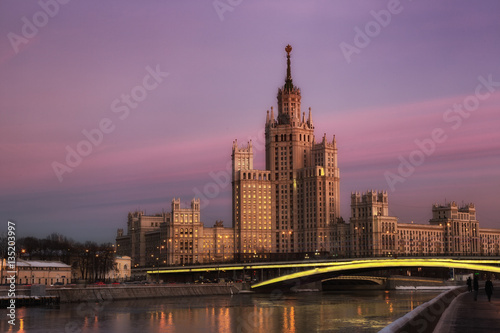 High-rise building on Kotelnicheskaya embankment in Moscow on sunset, Russia