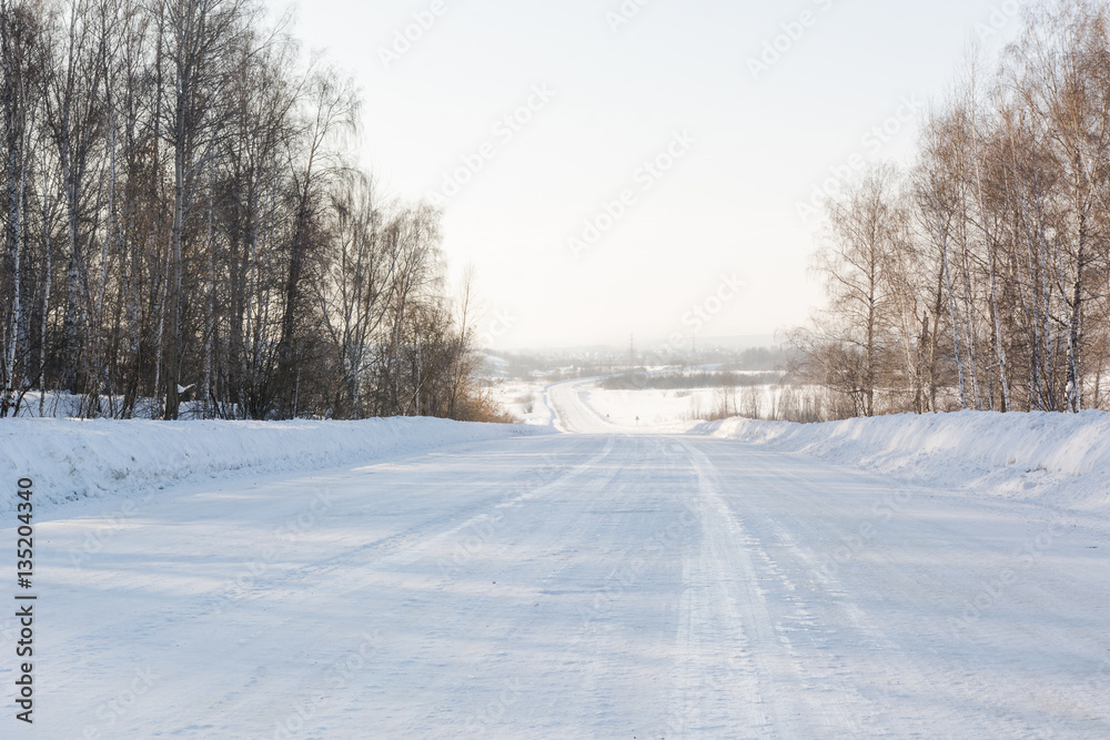 The road in snow. The road in snow.