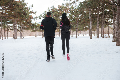 Back view of young couple jogging in forest together