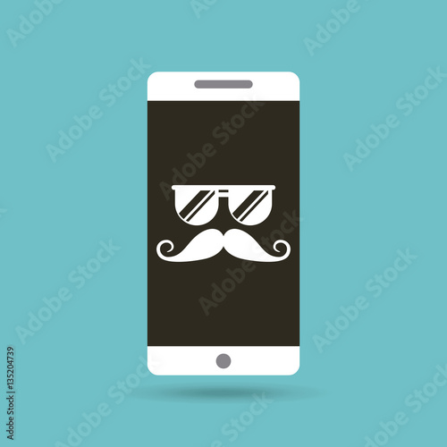 smartphone with mustache and glasses on screen over blue background. hipster style concept. colorful design. vector illustration