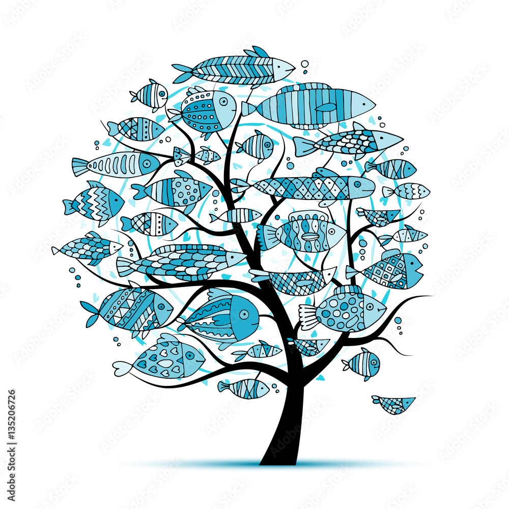 Tree Fish Drawing Art fish tree, sketch for your design Stock-Vektorgrafik | Adobe Stock