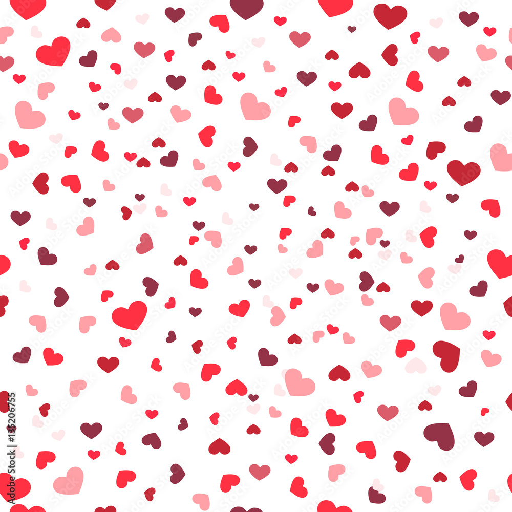 Many falling hearts on white background. Seamless pattern. Vector background.