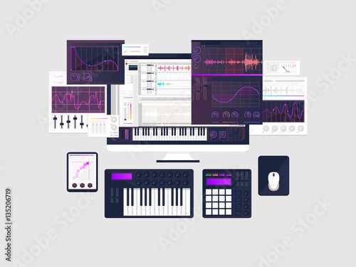 making music workspace concept in flat design. vector illustration
