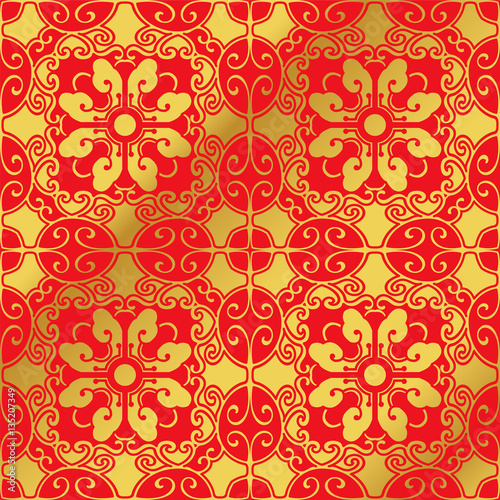 Seamless Golden Chinese Background Spiral Oval Polygon Cross Flower