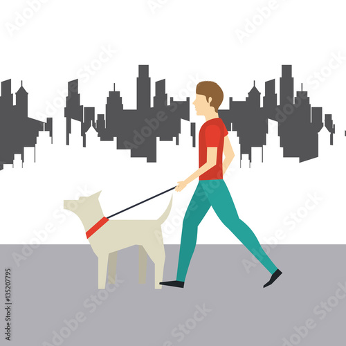 man with a dog walking over city background. colorful design. vector illustration