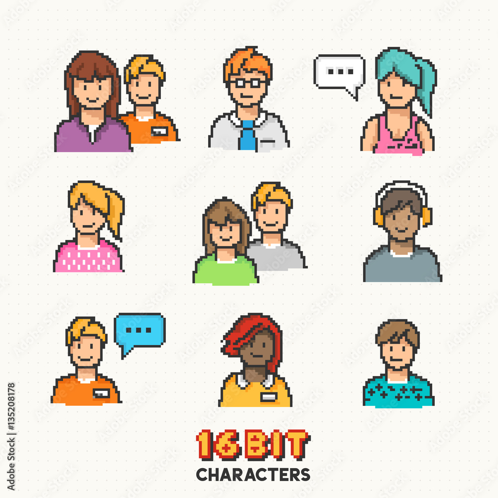 A collection of young adult characters in 16-bit graphics. Vector illustration A collection of young adult characters in 16-bit graphics. Vector illustration