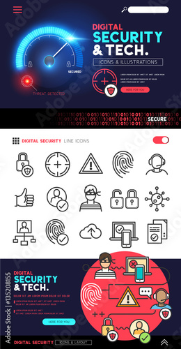 Digital Security and Technology designs with a flat icon set and privacy and cyber safety illustrations - vector collection.