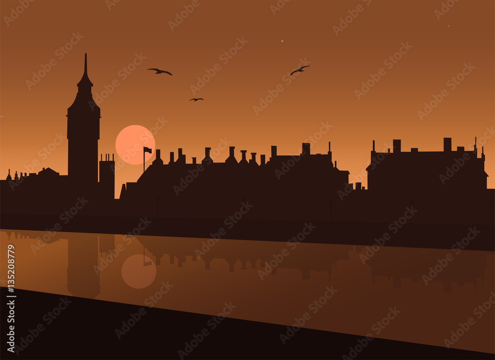 Night view of London with River Thames, Big Ben, Parliament and Westminster Palace with reflections in water under night sky with moon and stars and with seagull - vector illustration