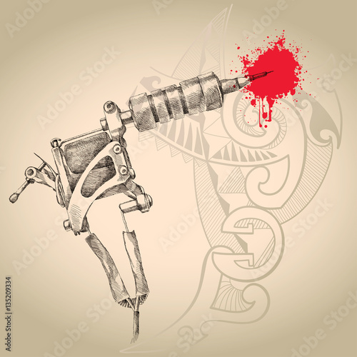 Vector illustration of handmade induction tattoo machine in black with red drops on the background with Polynesian design. Tattoo equipment for artist in sketch style.