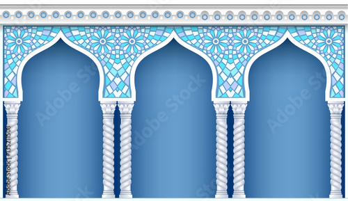 Palace Arcade in an old oriental style. Facade of a classical building. Vector graphics