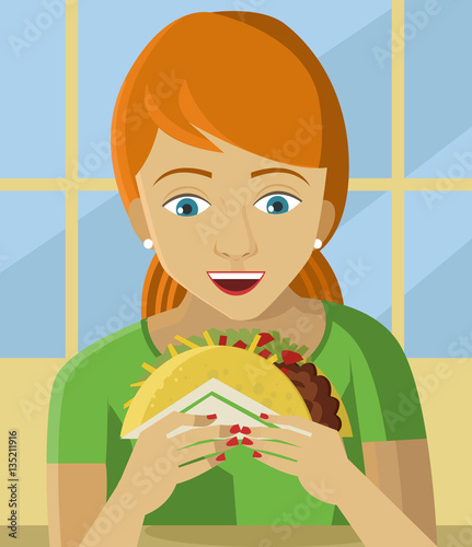 woman eating mexican fast food taco