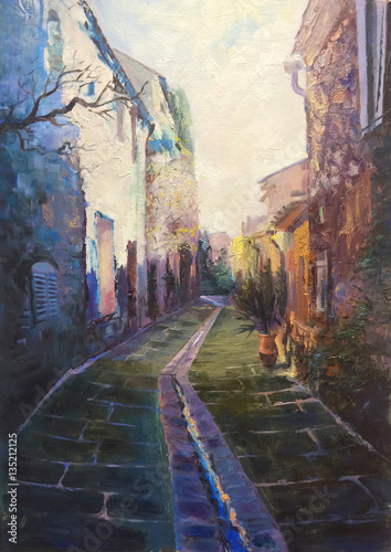 Narrow street in old European town, original oil painting, impressionistic style © Irina Sergeyeva