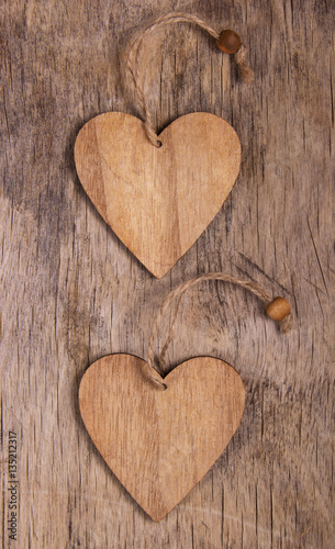 Two valentines on the old wooden background. Copy space. Valentine's day.
