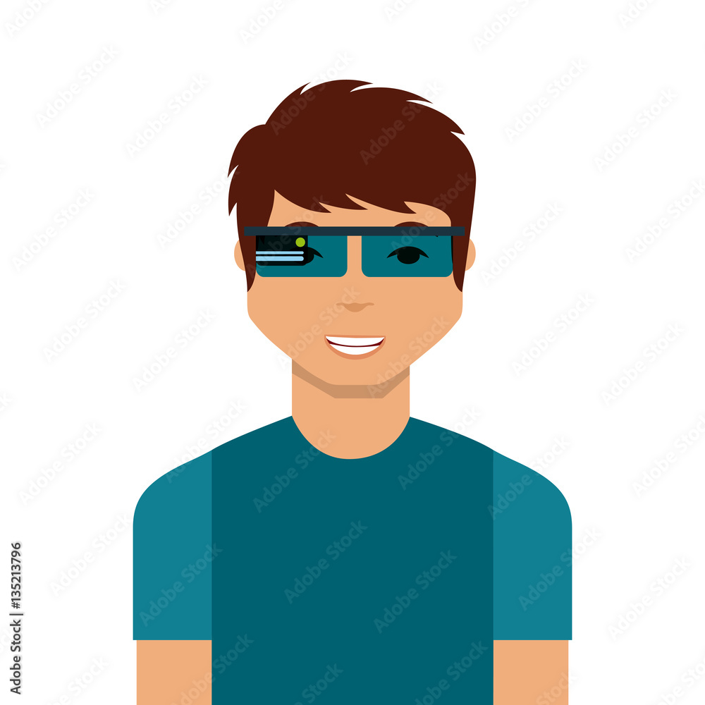 man cartoon with augmented reality visor icon over white background. colorful design. vector illustration