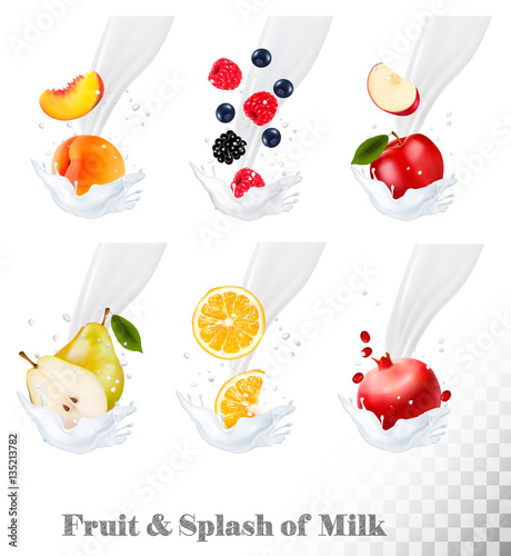 Big collection of icons of fruit and berries in a milk splash. P
