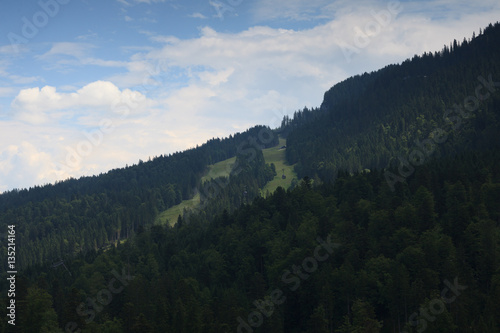 Typical landscape in southern Germany, with towering peaks and verdant valleys.