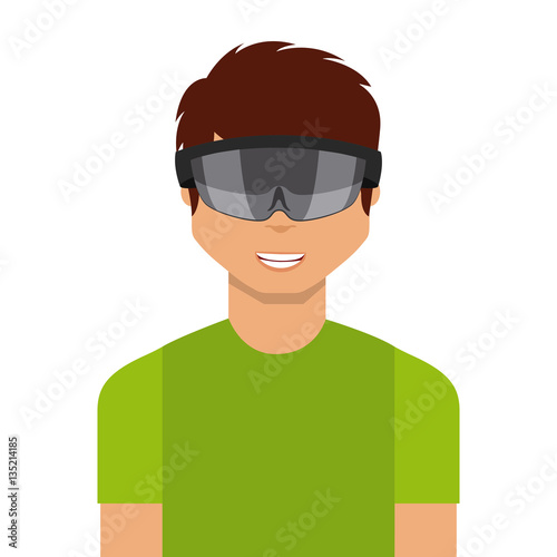 man cartoon with augmented reality visor icon over white background. colorful design. vector illustration