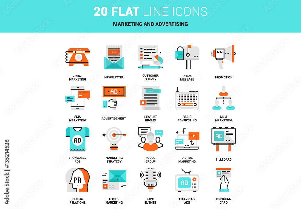 20 Line Art Marketing and Advertising Icons 1 Stock Template | Adobe Stock