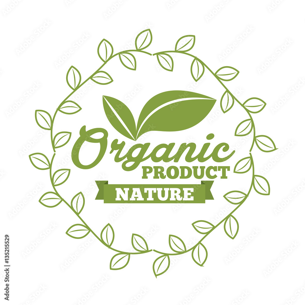 emblem of organic product with leaves icon over white background. colorful design. vector illustration