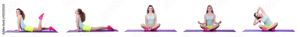 Young female doing exercises on white Young female doing exercises on white