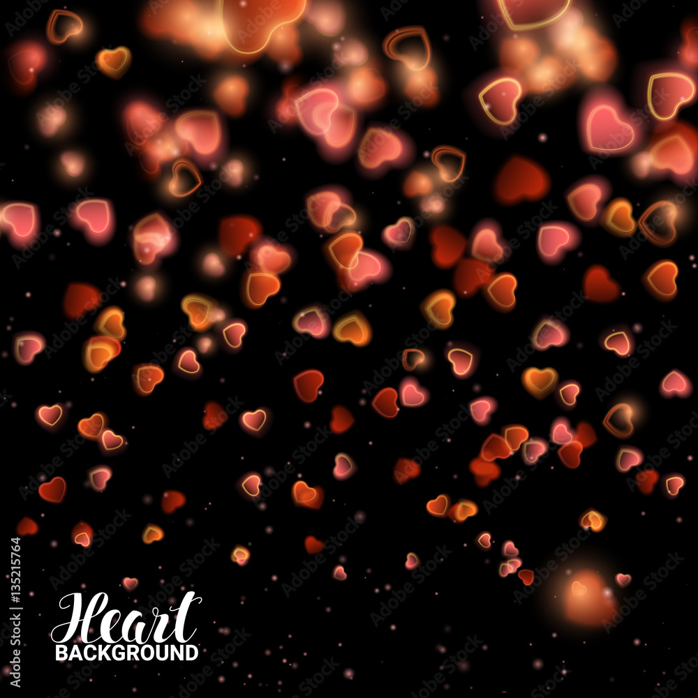 Valentines Day with Bokeh Falling Effect Hearts and Confetti. De focused and glittering separated elements. Vector Illustration on black background