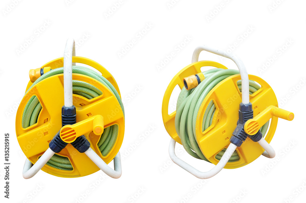Yellow rubber hose reel on white background. Home and Gardening Stock