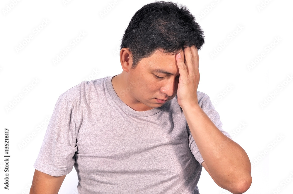 Middle Asian man 42 years old stressful having migraine use his Middle Asian man 42 years old stressful having migraine use his