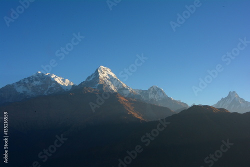 Sunrise view over Annapurna mountains, in the Himalayas mountain range from Poon Hill