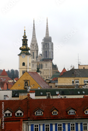 Zagreb skyline with Zagreb Cathedral and St. Mary Church. View from Strossmayer Promenade on Upper Town. © jelena990