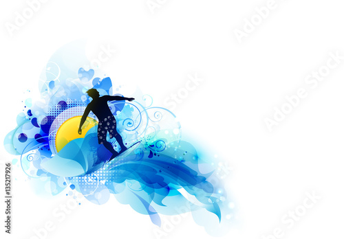 Abstract image of movement, speed and water. Black silhouette of surfer on the background of the yellow sun.