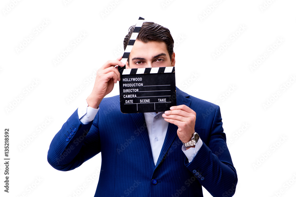 Handsome man with movie clapper isolated on white Handsome man with movie clapper isolated on white