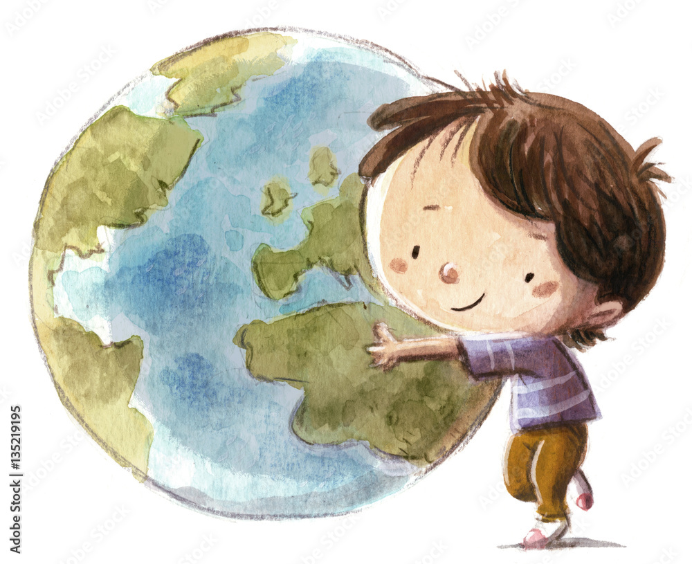 niño con la bola del mundo Stock Illustration | Adobe Stock