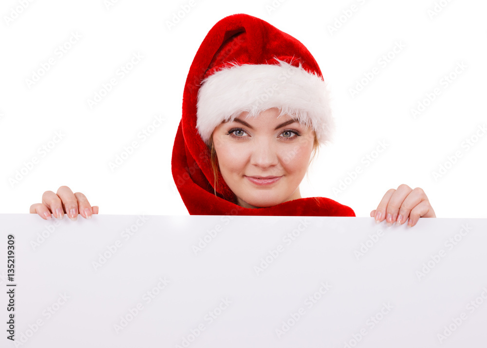 Woman with blank empty banner board. Christmas Woman with blank empty banner board. Christmas