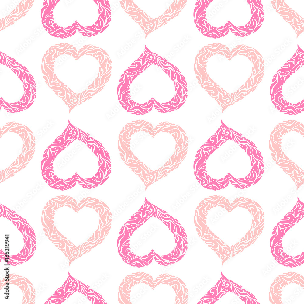 Tender seamless pattern with elegant pink hearts on white background. Pattern for Valentines Day, Mother's Day, wedding invitation design, gift wrapping paper