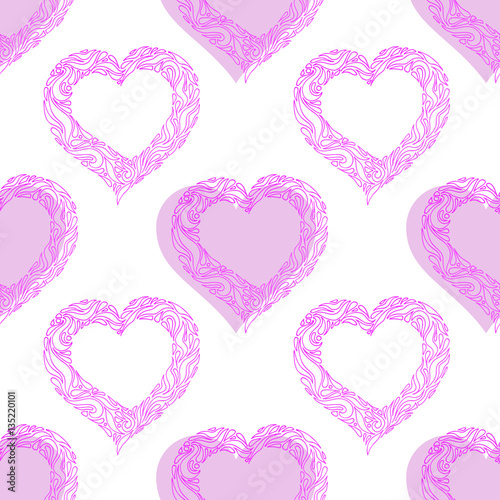 Seamless pattern with elegant ornate pink hearts on white background. Pattern for Valentines Day  Mother s Day