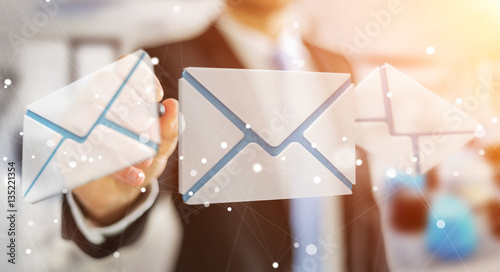 Businessman touching 3D rendering flying email icon with a digit