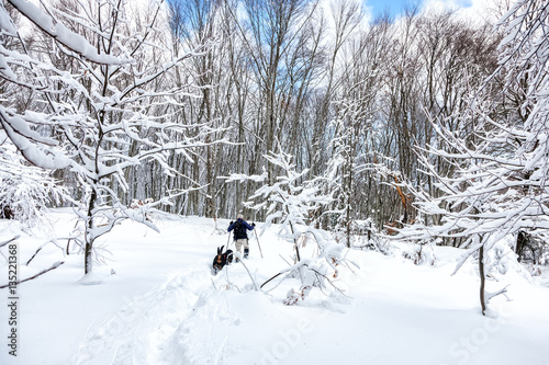  unknown man party with his dog walking in a snowy landscape in