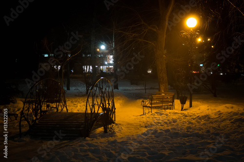 city Park in winter with bridge and benches night
