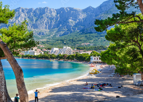 A beautiful view of Makarska beach through the pines.