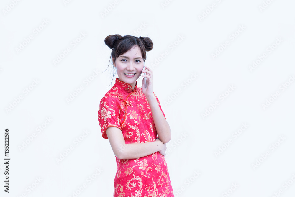 China women,Asian women wear red dress chinese style cheongsam a China women,Asian women wear red dress chinese style cheongsam a