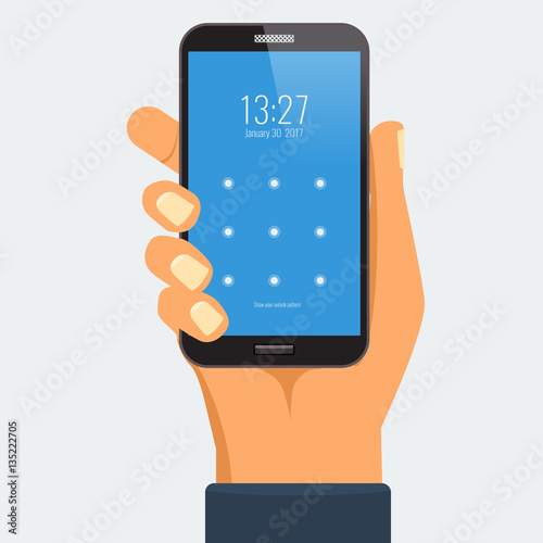 Mobile phone in hand. Hand holding smartphone. Flat design