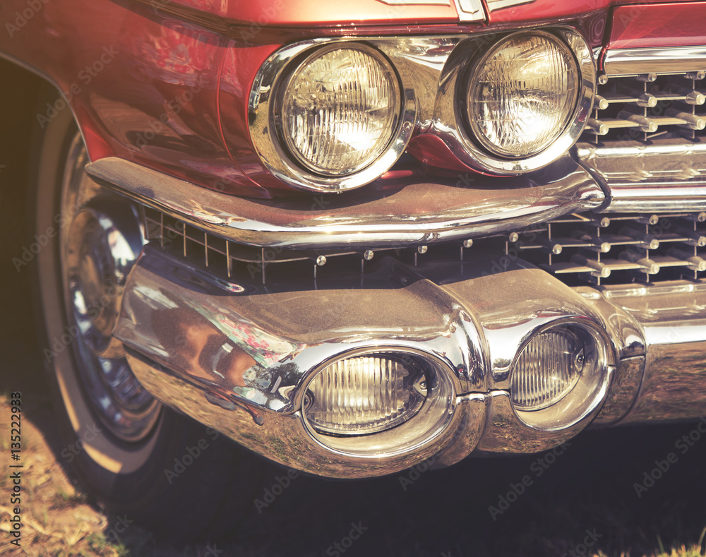 close up on old vintage car, front light