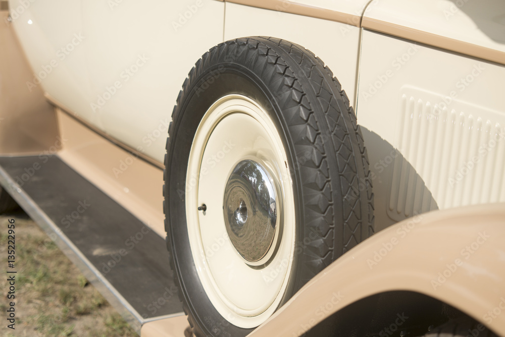 close up on old vintage car, wheel