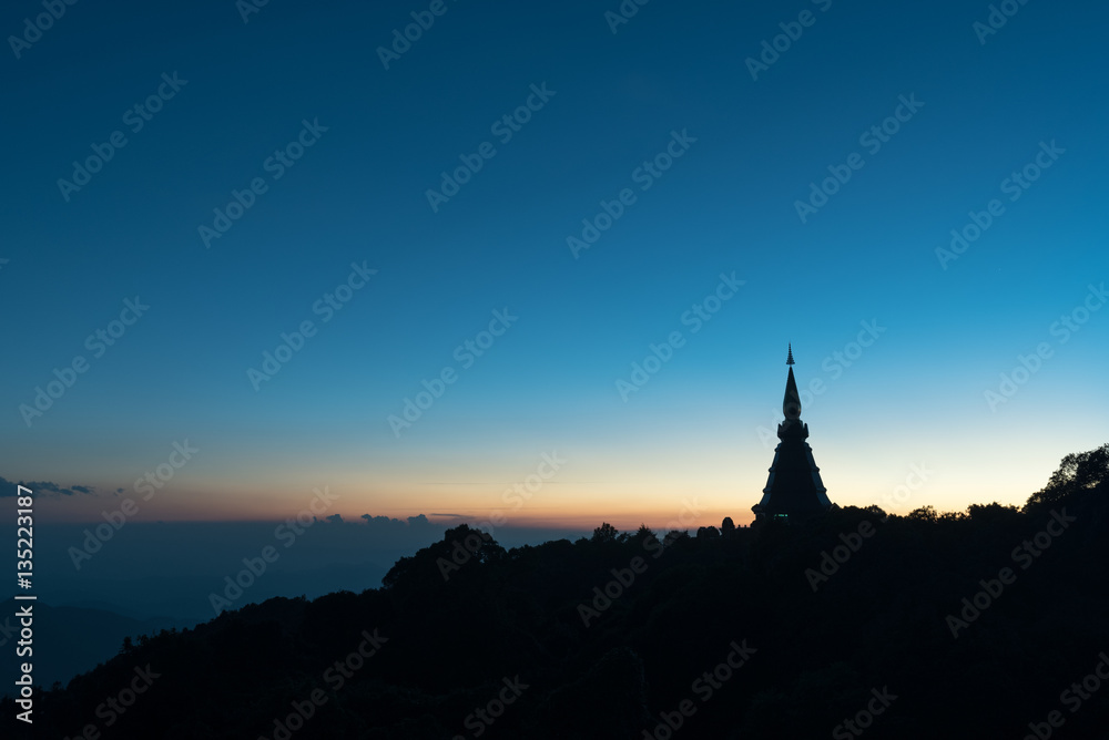 Silhouette blue sky with pagoda in Thailand