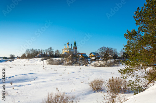 Panorama of the temple complex in the village of Goritsy Shuisky photo