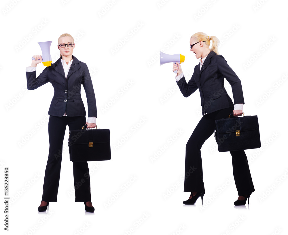 Woman businesswoman with loudspeaker on white