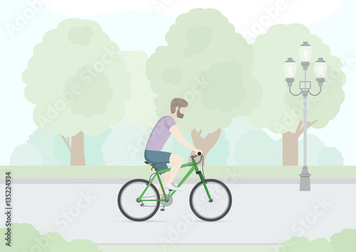 Man riding on a bicycle in Public Park. Flat Design. Vector Illustration.