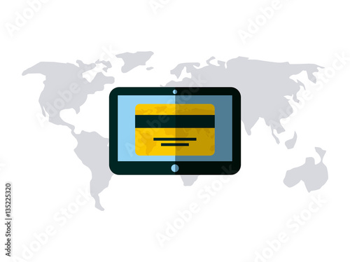 smartphone with credit card icon over world map and white background. colorful design. vector illustration