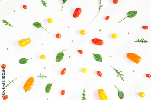 Frsh vegetables on white background. Pattern made of vegetables. Flat lay, top view